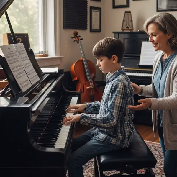 A student learning piano