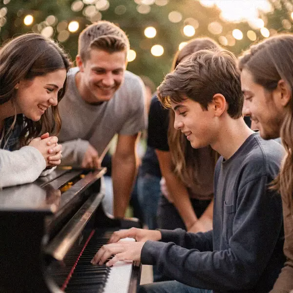 A 17 year old playing piano for friends
